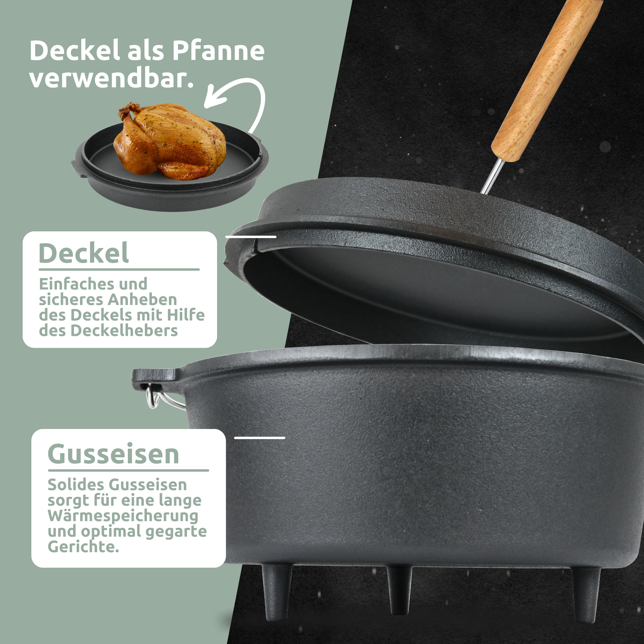 Dutch Oven I eingebrannter Feuertopf aus Gusseisen9 Liter