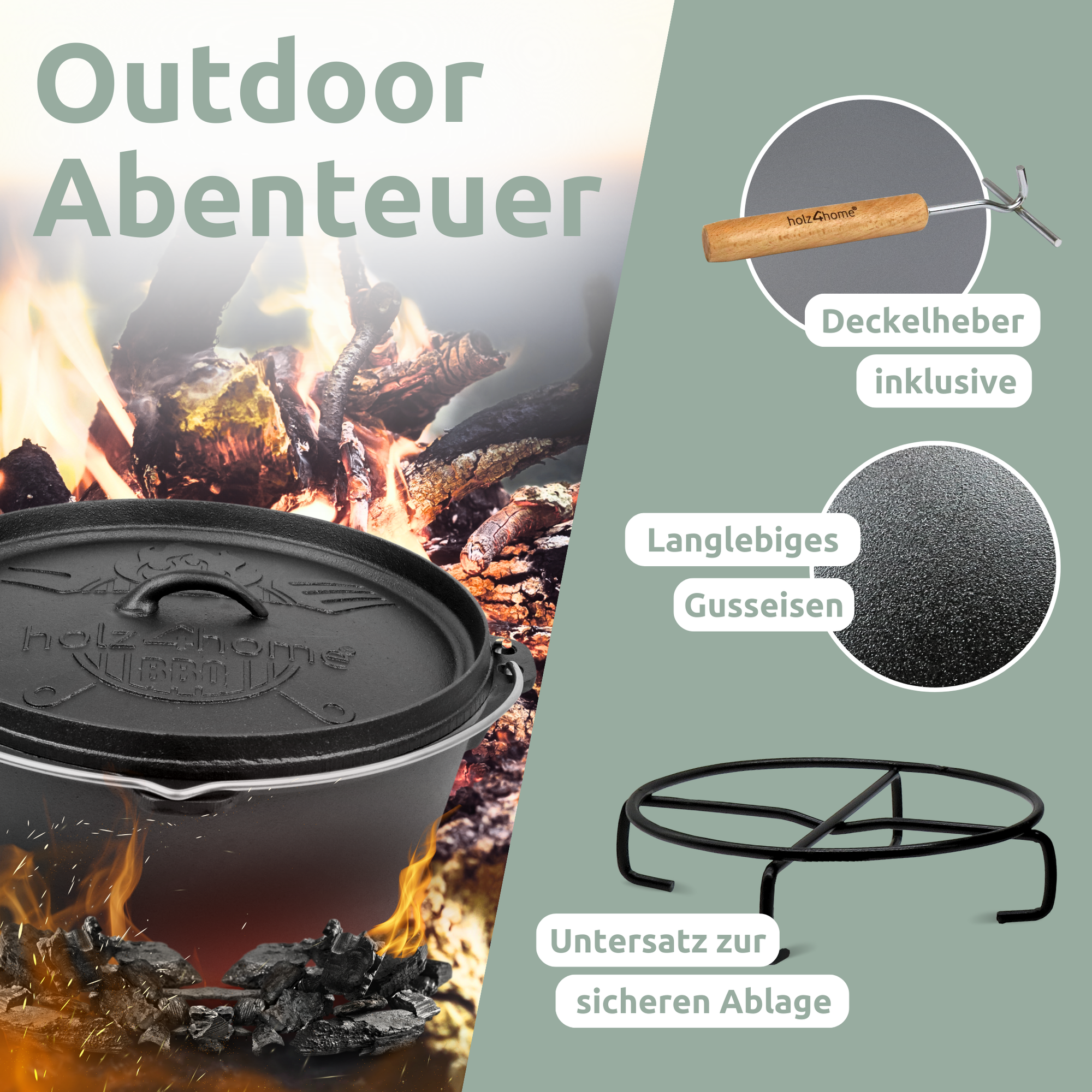 Dutch Oven ohne Füße I eingebrannter Feuertopf aus Gusseisen I inkl. Deckelheber, Topfständer und Reinigungsbürste12 Liter