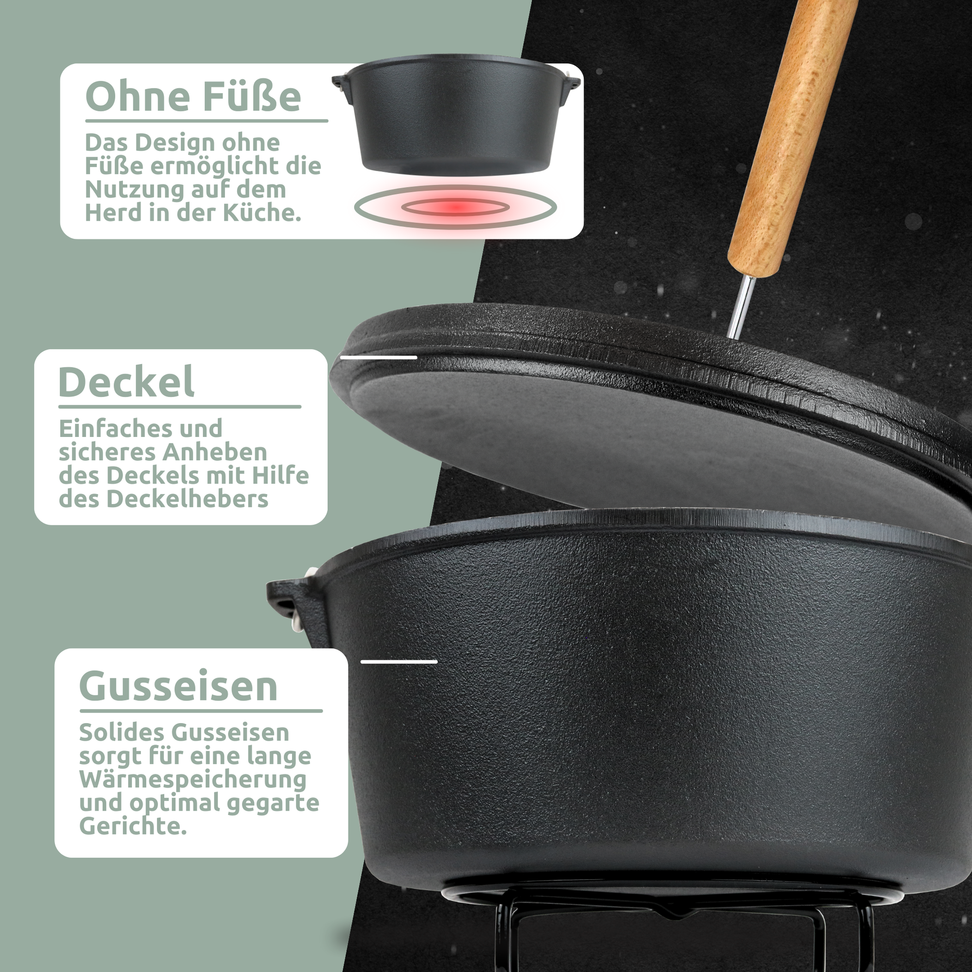 Dutch Oven ohne Füße I eingebrannter Feuertopf aus Gusseisen I inkl. Deckelheber, Topfständer und Reinigungsbürste12 Liter