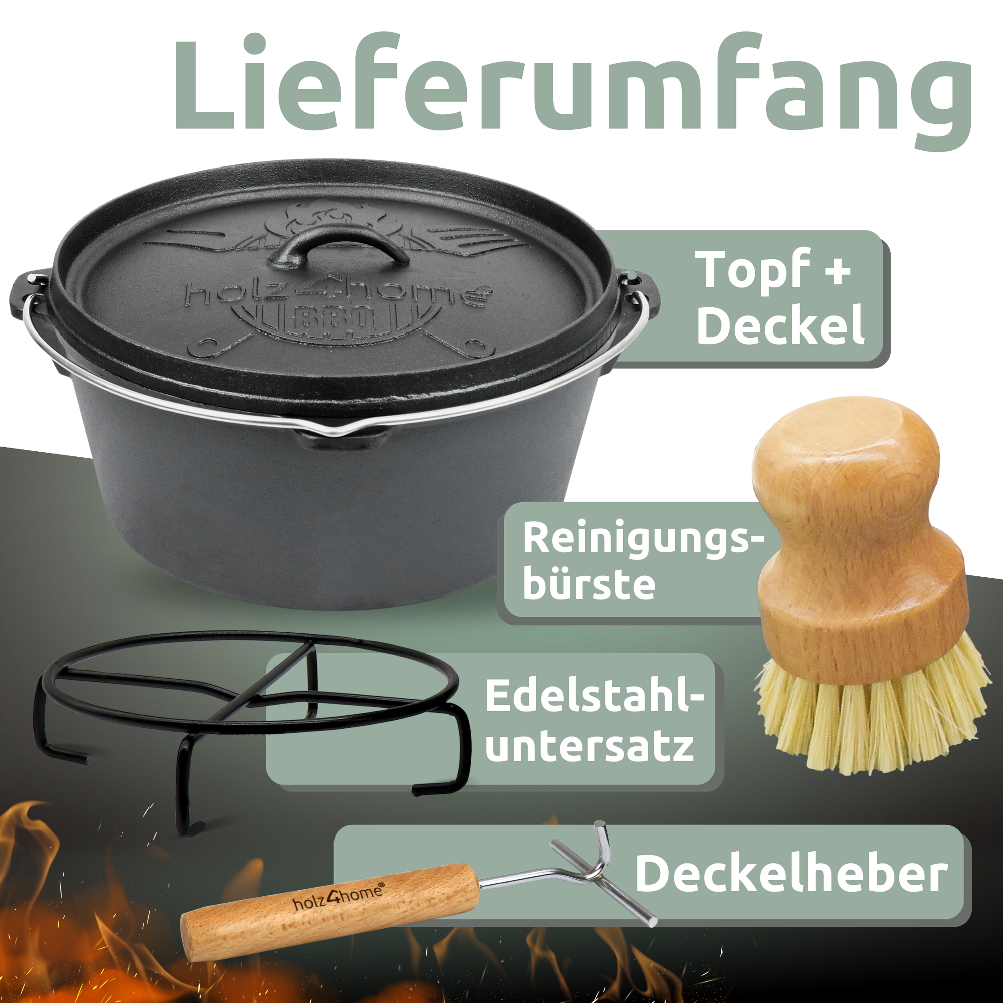 Dutch Oven ohne Füße I eingebrannter Feuertopf aus Gusseisen I inkl. Deckelheber, Topfständer und Reinigungsbürste12 Liter