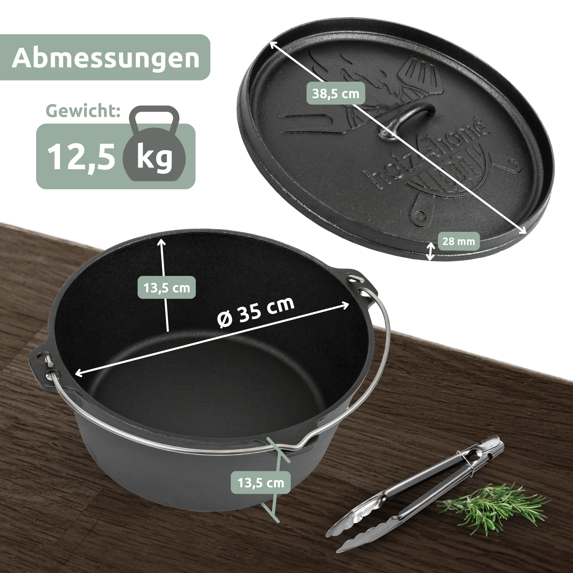 Dutch Oven ohne Füße I eingebrannter Feuertopf aus Gusseisen I inkl. Deckelheber, Topfständer und Reinigungsbürste9 Liter