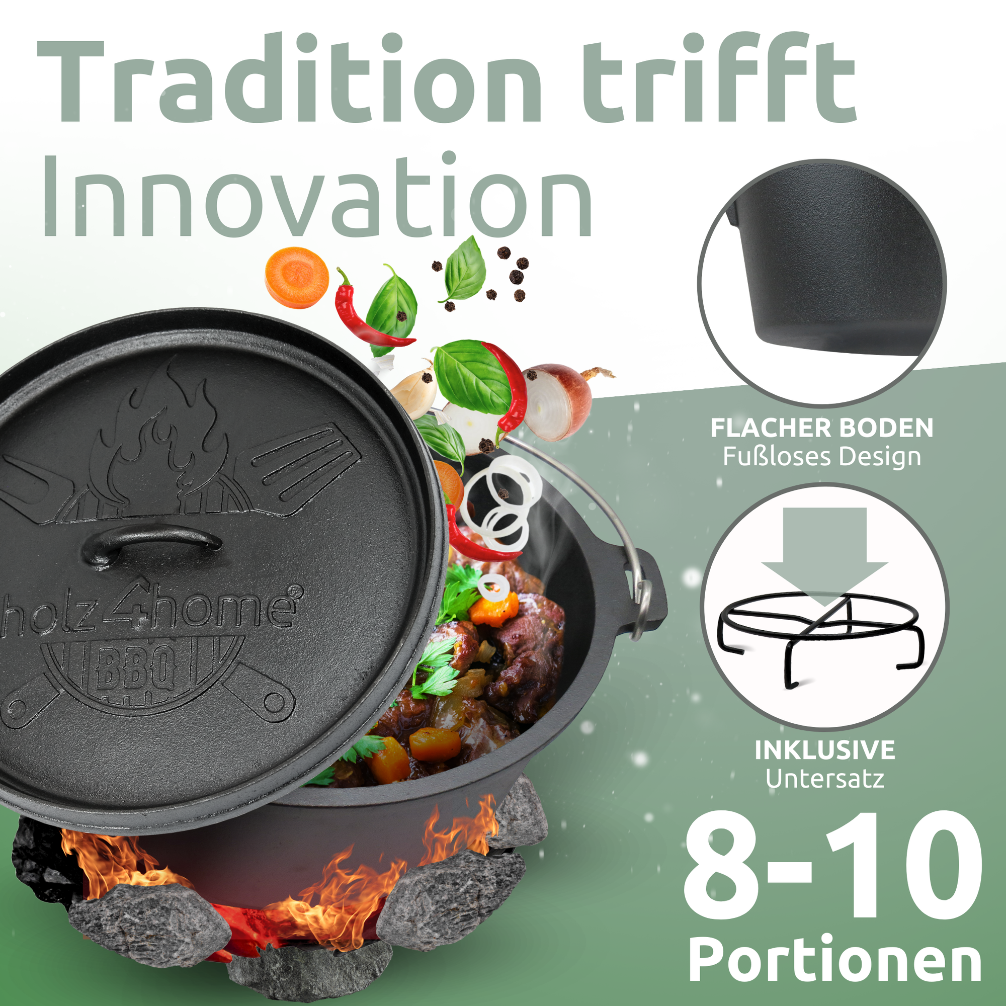 Dutch Oven ohne Füße I eingebrannter Feuertopf aus Gusseisen I inkl. Deckelheber, Topfständer und Reinigungsbürste12 Liter