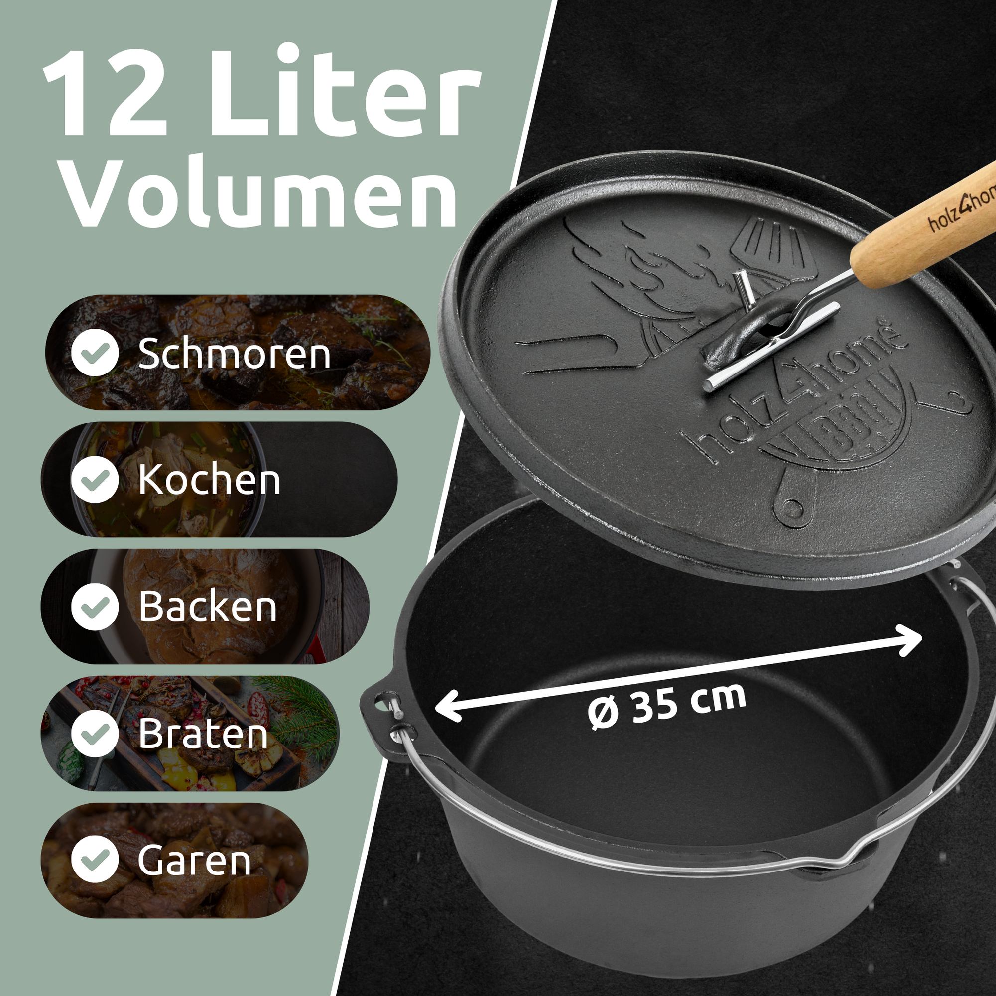 Dutch Oven ohne Füße I eingebrannter Feuertopf aus Gusseisen I inkl. Deckelheber, Topfständer und Reinigungsbürste12 Liter