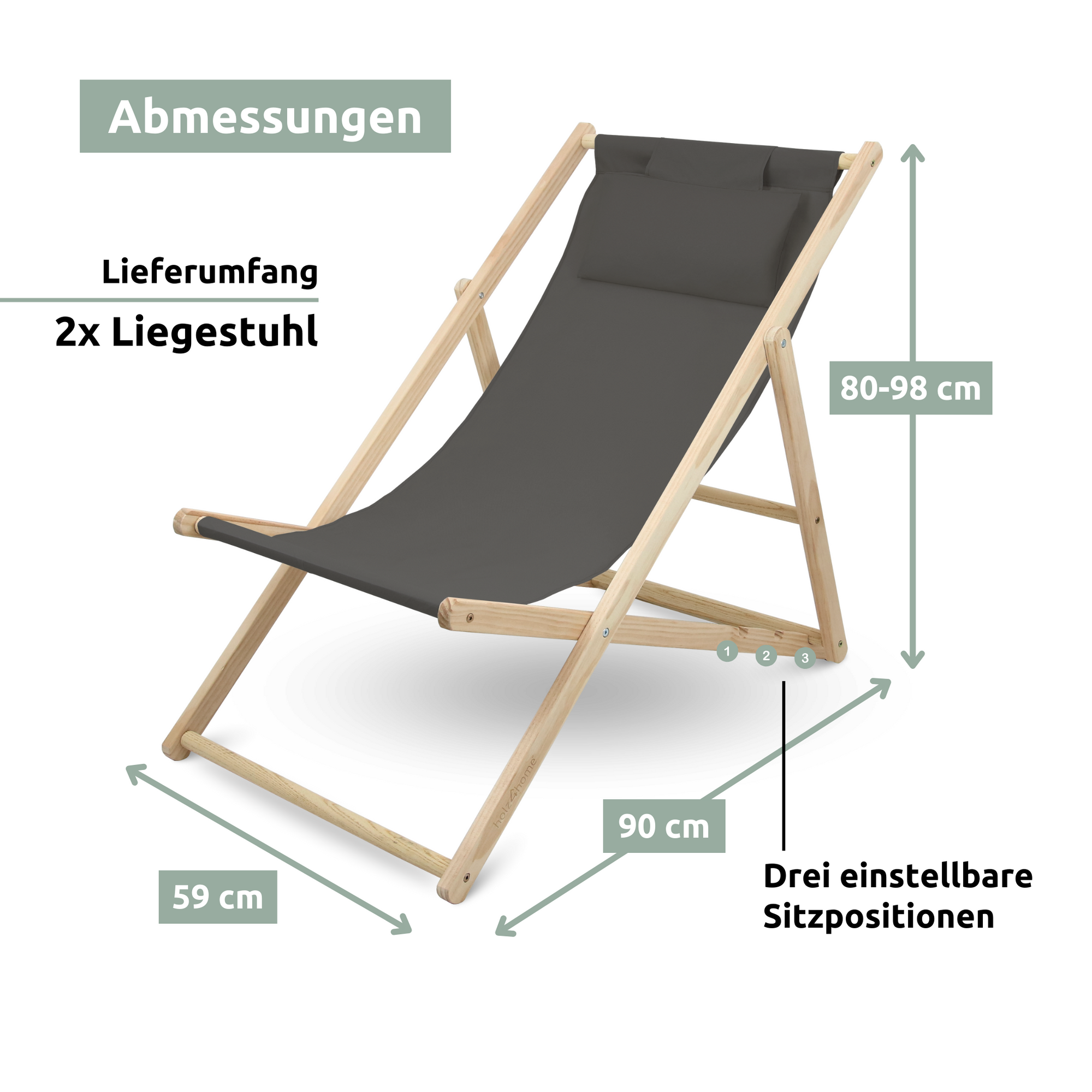 2er Set Liegestuhl aus Holz klappbarAnthrazit