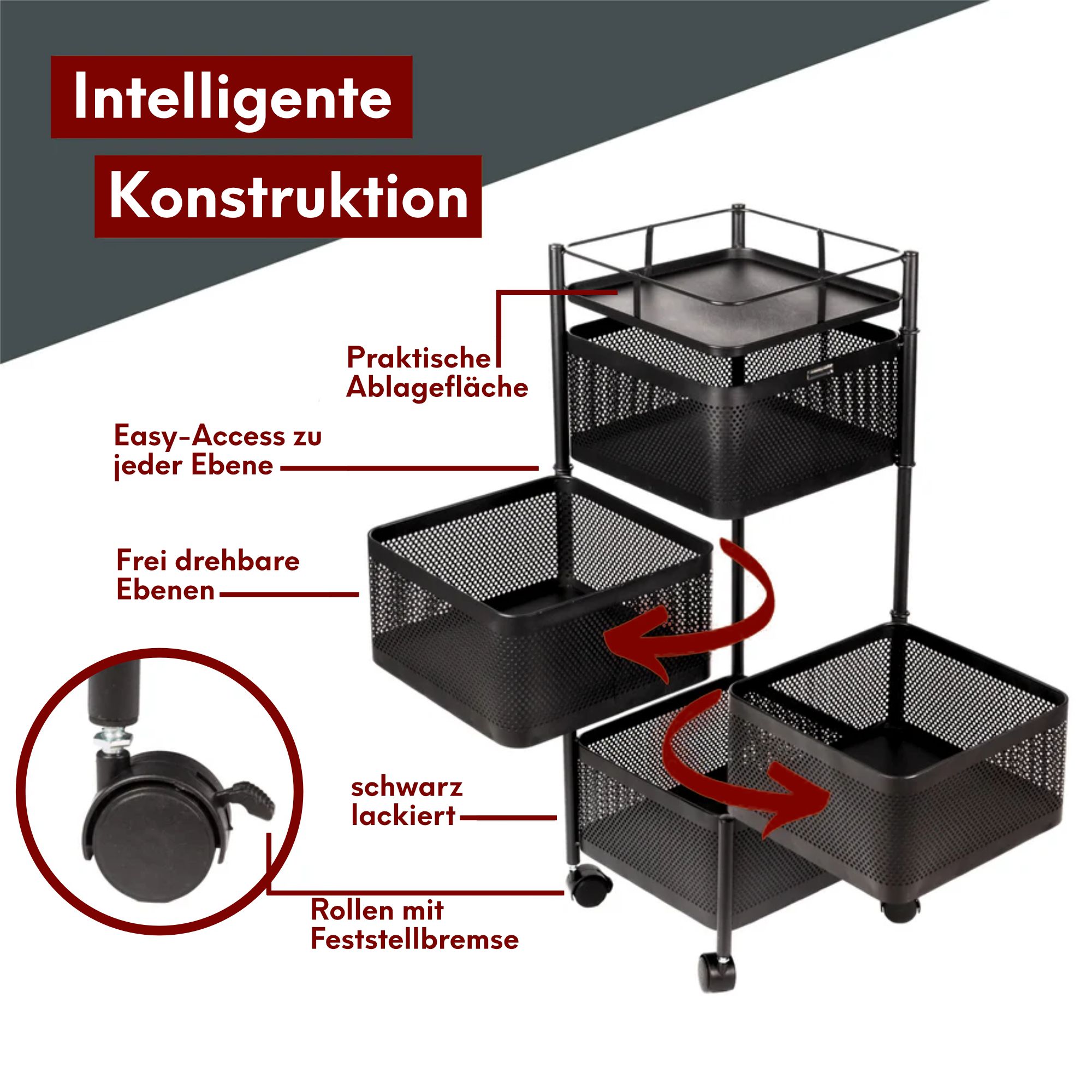 Rollwagen mit 4 schwenkbaren Ebenen 30x30x78 cm
