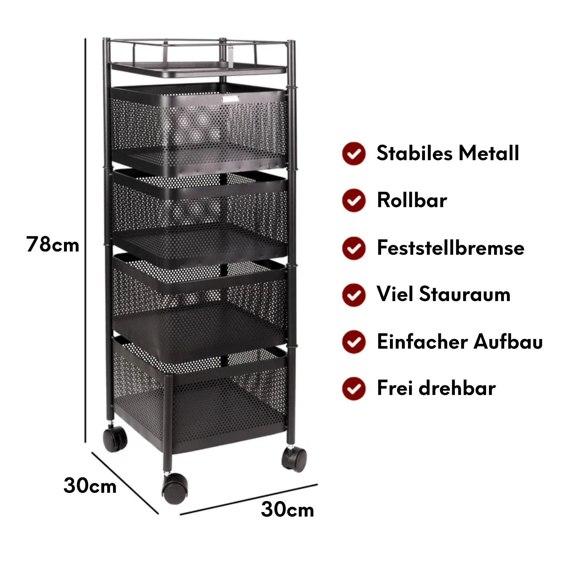 Rollwagen mit 4 schwenkbaren Ebenen 30x30x78 cm Rund