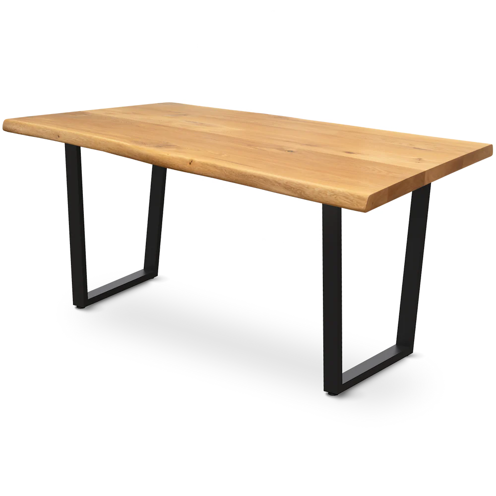 h4h321_cover_mit_bk kalb | Massivholztisch aus Eiche mit natürlicher Baumkante – 4 cm stark, in 140x80 cm oder 160x80 cm, mit 4 Tischgestellen zur Auswahl Trapez