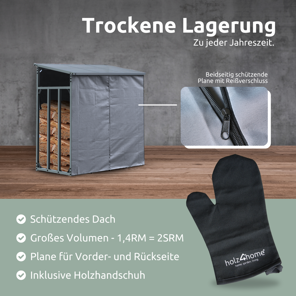 h4h378.1_lagerung Kaminholzunterstand M Metall anthrazit mit Sonnenblende (1,4 RM / 2 SRM)