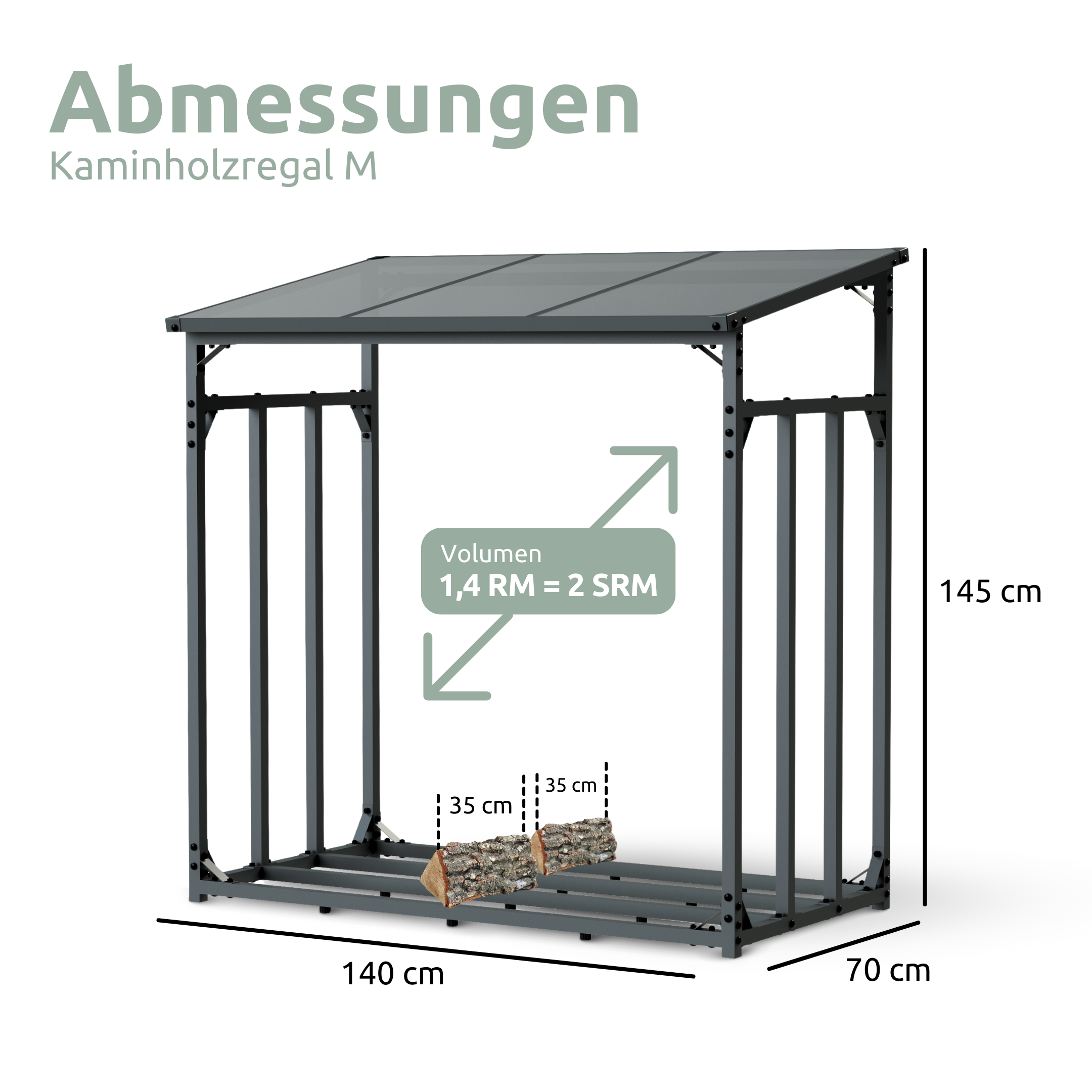 h4h378.1_masse Kaminholzunterstand M Metall anthrazit mit Sonnenblende (1,4 RM / 2 SRM)