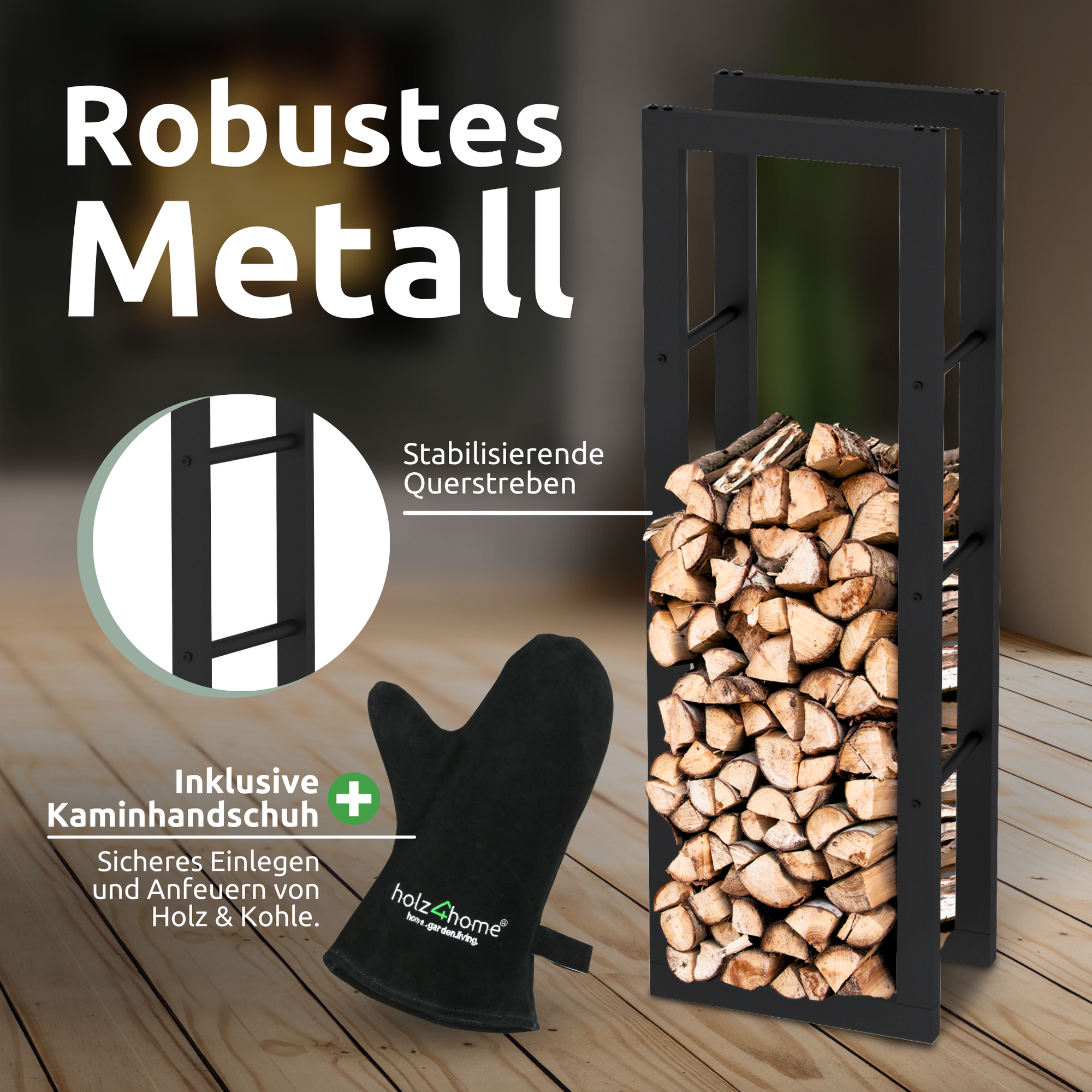 Kaminholzregal aus Metall Schwarz inkl. Ofenhandschuh45x30x170cm