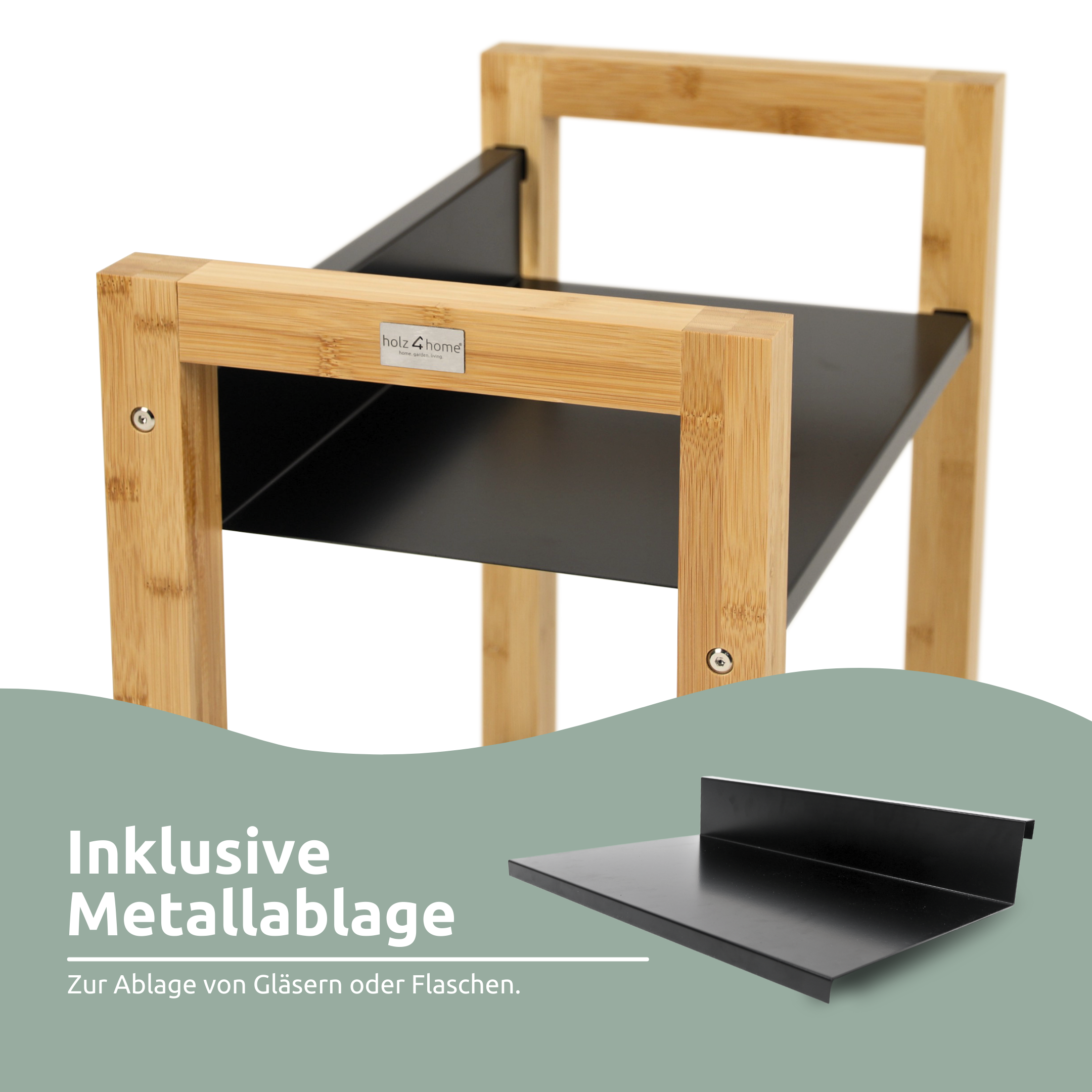 h4h386.1_ablage_2 Getränkekistenregal für 2 Kisten aus Bambus Holz mit Metallablage 56 x 32 x 71 cm platzsparendes Kistenregal für Küche Keller und Garage
