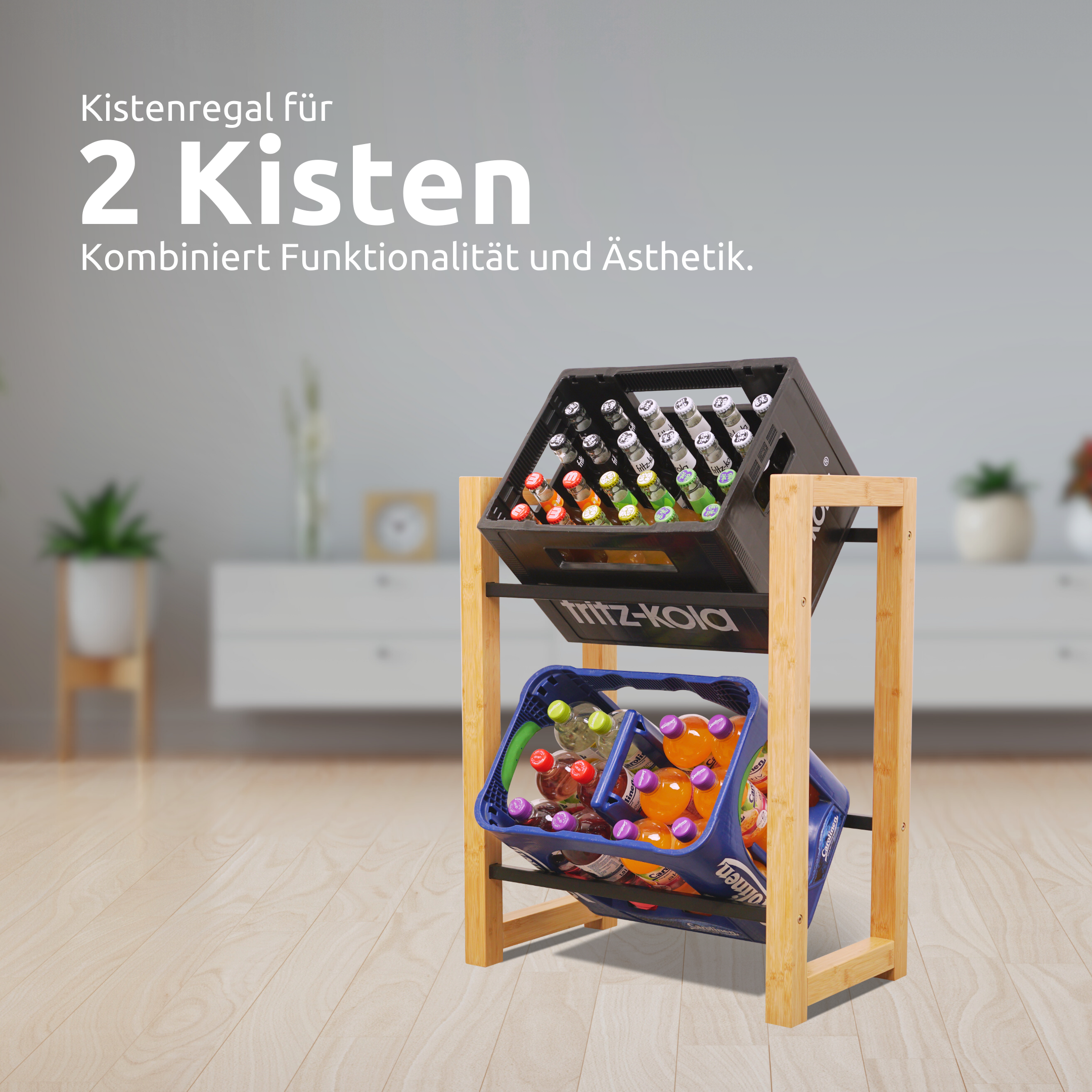 h4h386.1_scene_2 Getränkekistenregal für 2 Kisten aus Bambus Holz mit Metallablage 56 x 32 x 71 cm platzsparendes Kistenregal für Küche Keller und Garage