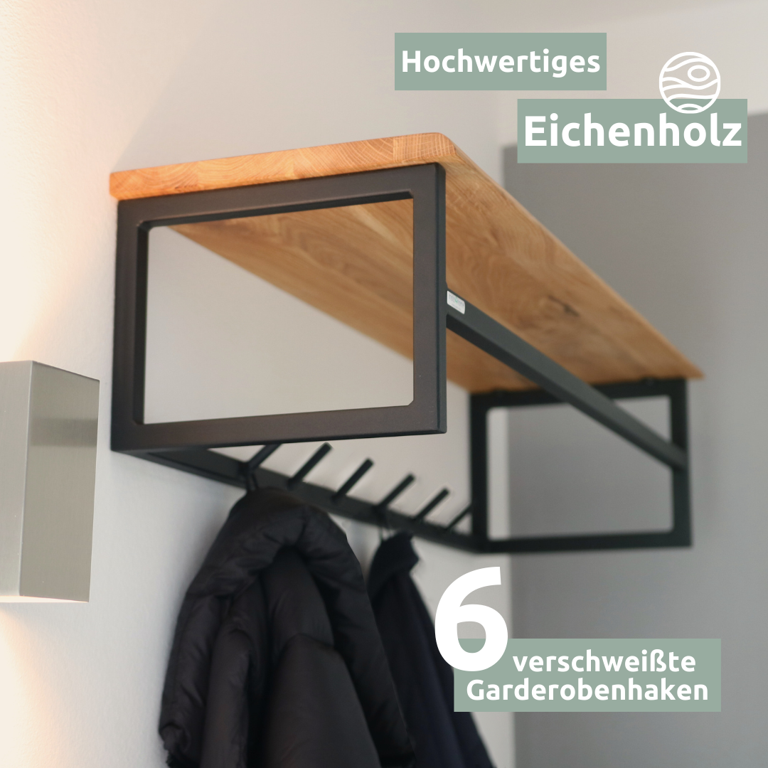 Wandgarderobe mit Ablage aus Eiche und Metall - Kleidergarderobe Flurmit Baumkante