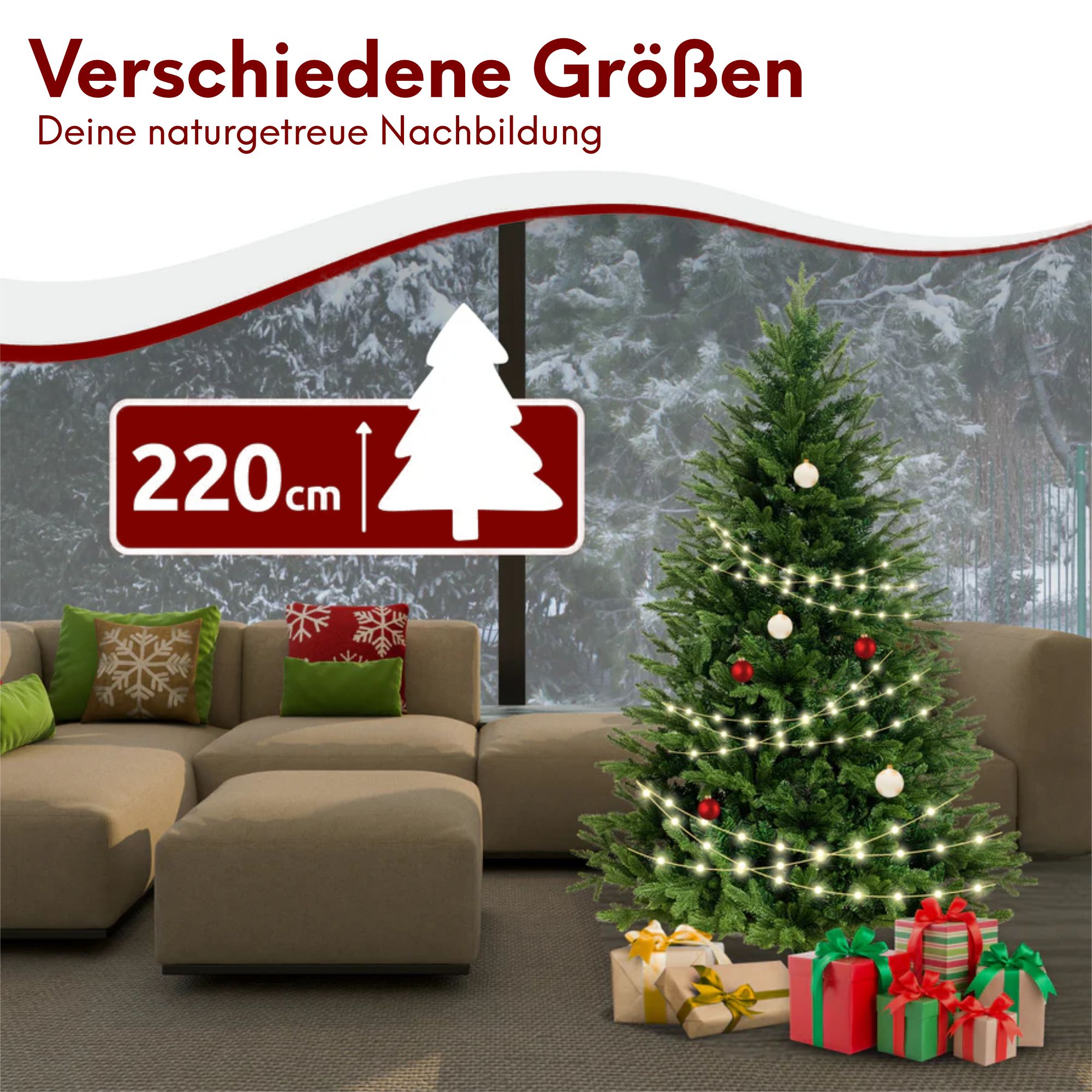 kalb | Künstlicher Weihnachtsbaum, Größe 130-220 cm, PE/PVC Kombination, Realistische Optik, Inklusive Lichterkette mit LED, Schnee-Effekt, Einfacher Aufbau, Wiederverwendbar