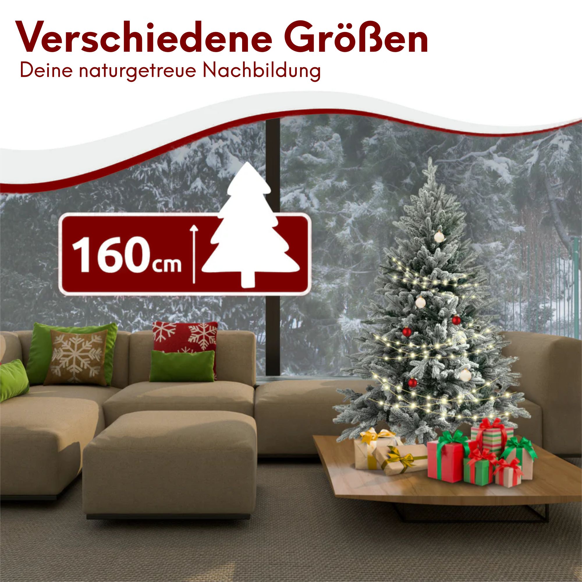 kalb | Künstlicher Weihnachtsbaum, Größe 130-220 cm, PE/PVC Kombination, Realistische Optik, Inklusive Lichterkette mit LED, Schnee-Effekt, Einfacher Aufbau, Wiederverwendbar