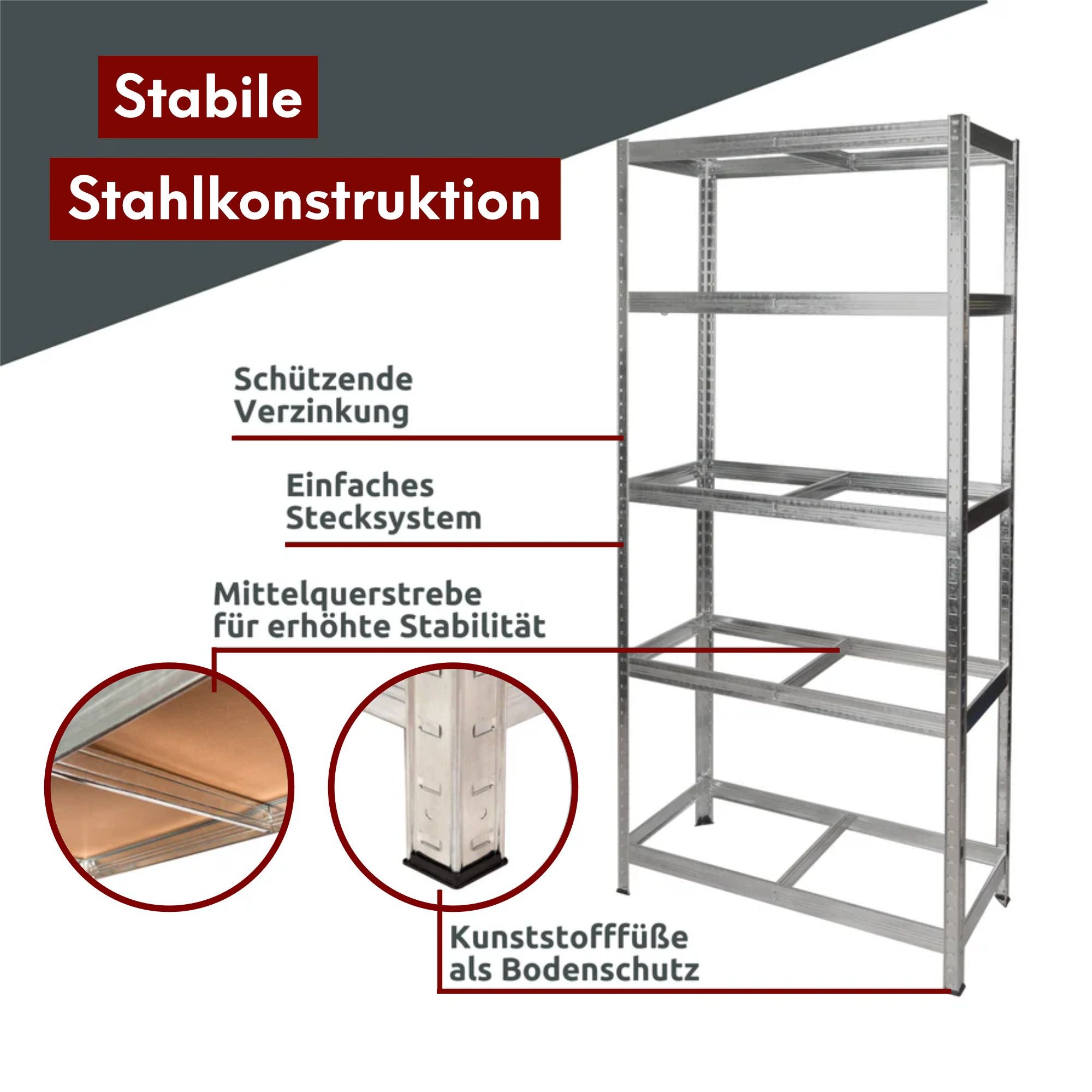 Schwerlastregal 90x40x180cm I belastbar bis 875kg I 5 Ablagen + Haken