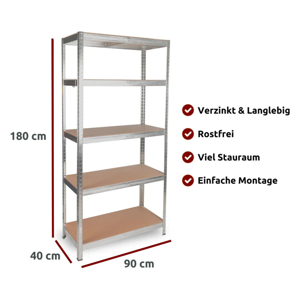Schwerlastregal 90x40x180cm I belastbar bis 875kg I 5 Ablagen + Haken