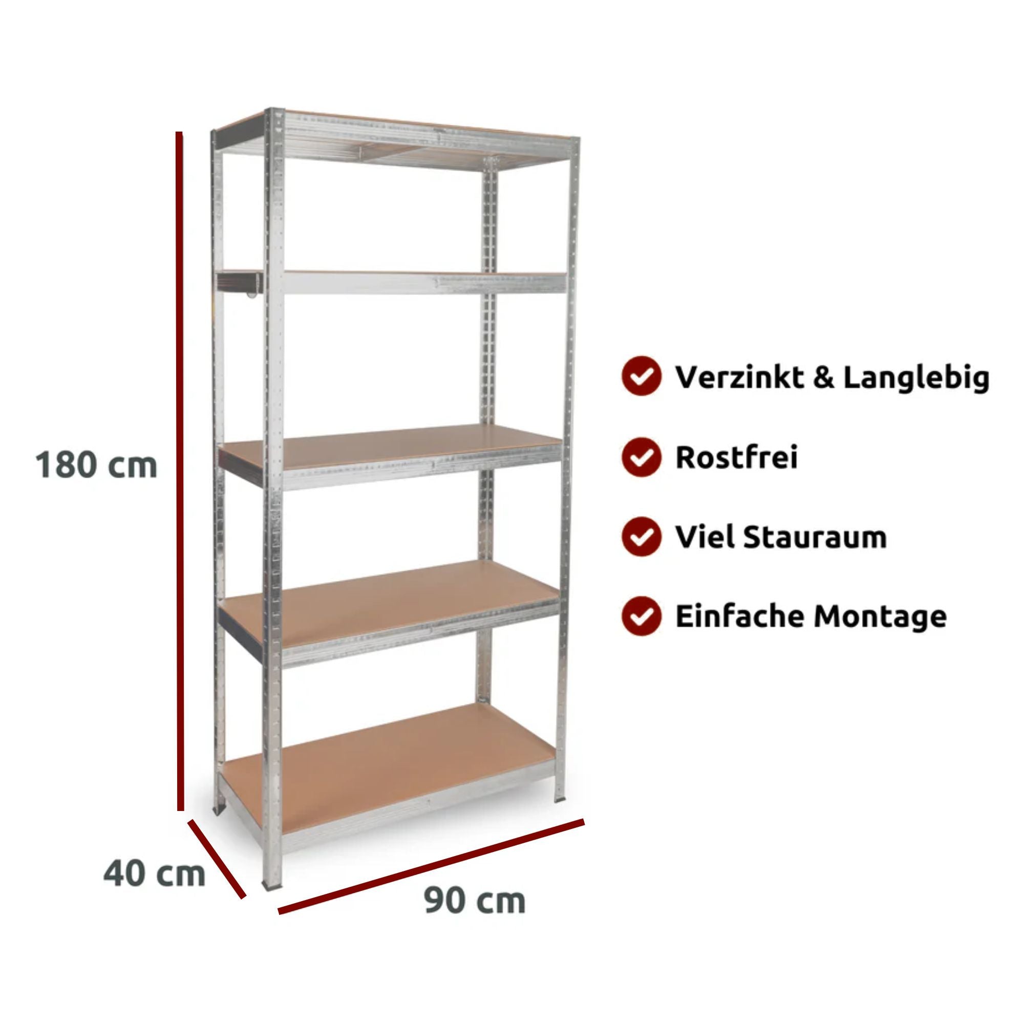 Schwerlastregal 90x40x180cm I belastbar bis 875kg I 5 Ablagen + Haken Silber