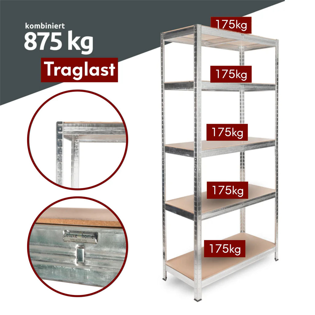 Schwerlastregal 90x40x180cm I belastbar bis 875kg I 5 Ablagen + Haken