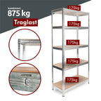 Schwerlastregal 90x40x180cm I belastbar bis 875kg I 5 Ablagen + Haken Silber