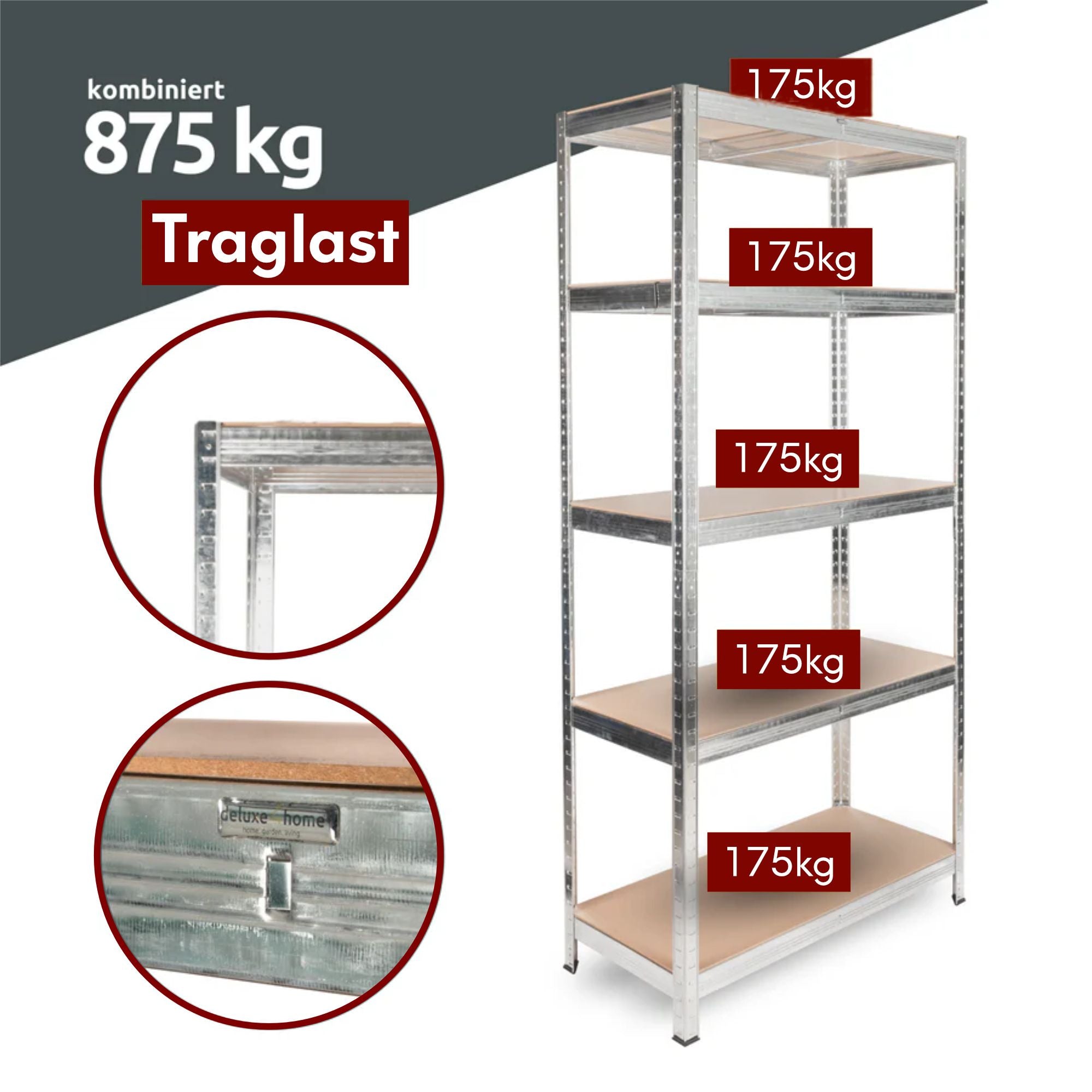 Schwerlastregal 90x40x180cm I belastbar bis 875kg I 5 Ablagen + Haken