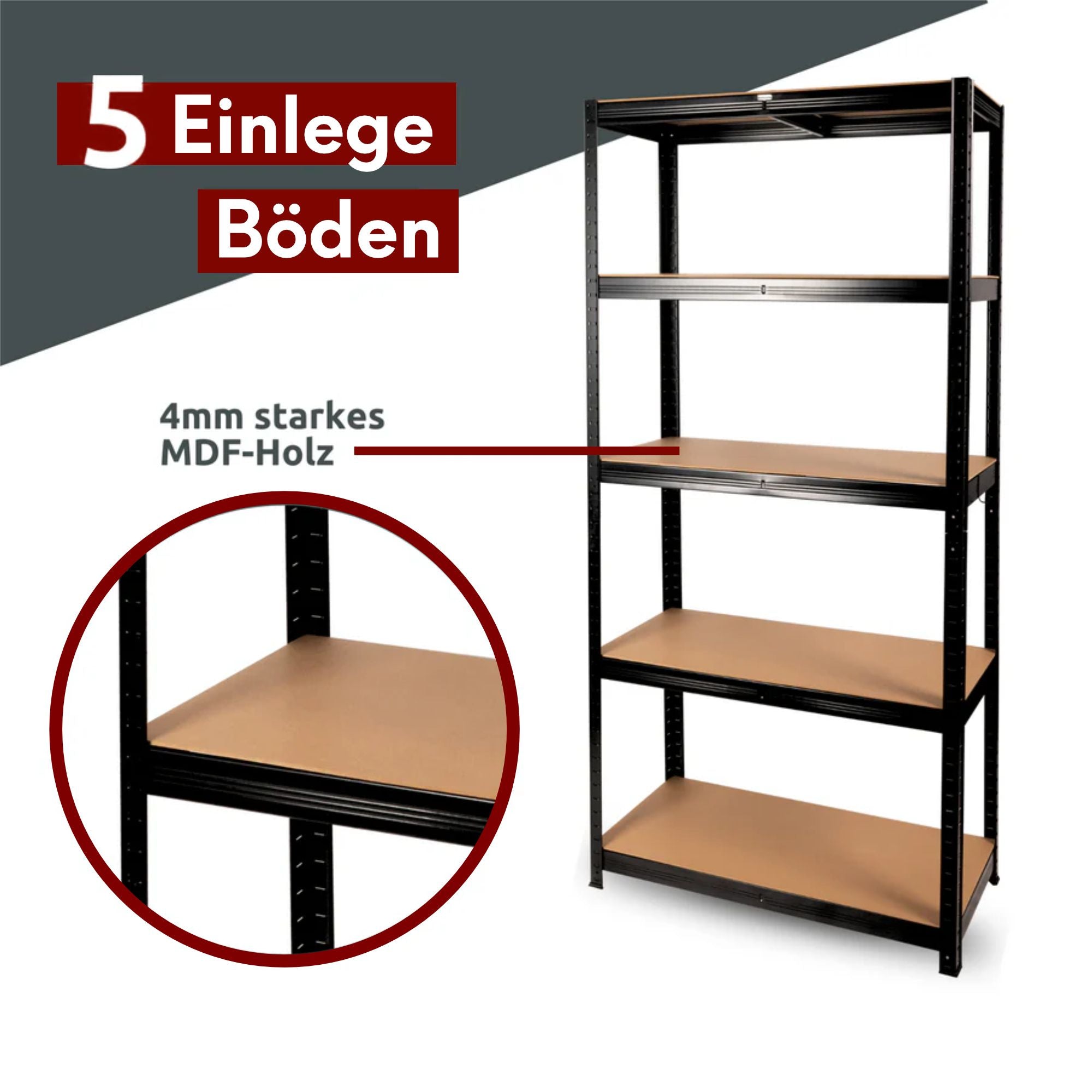 Schwerlastregal 90x40x180cm I belastbar bis 875kg I 5 Ablagen + Haken