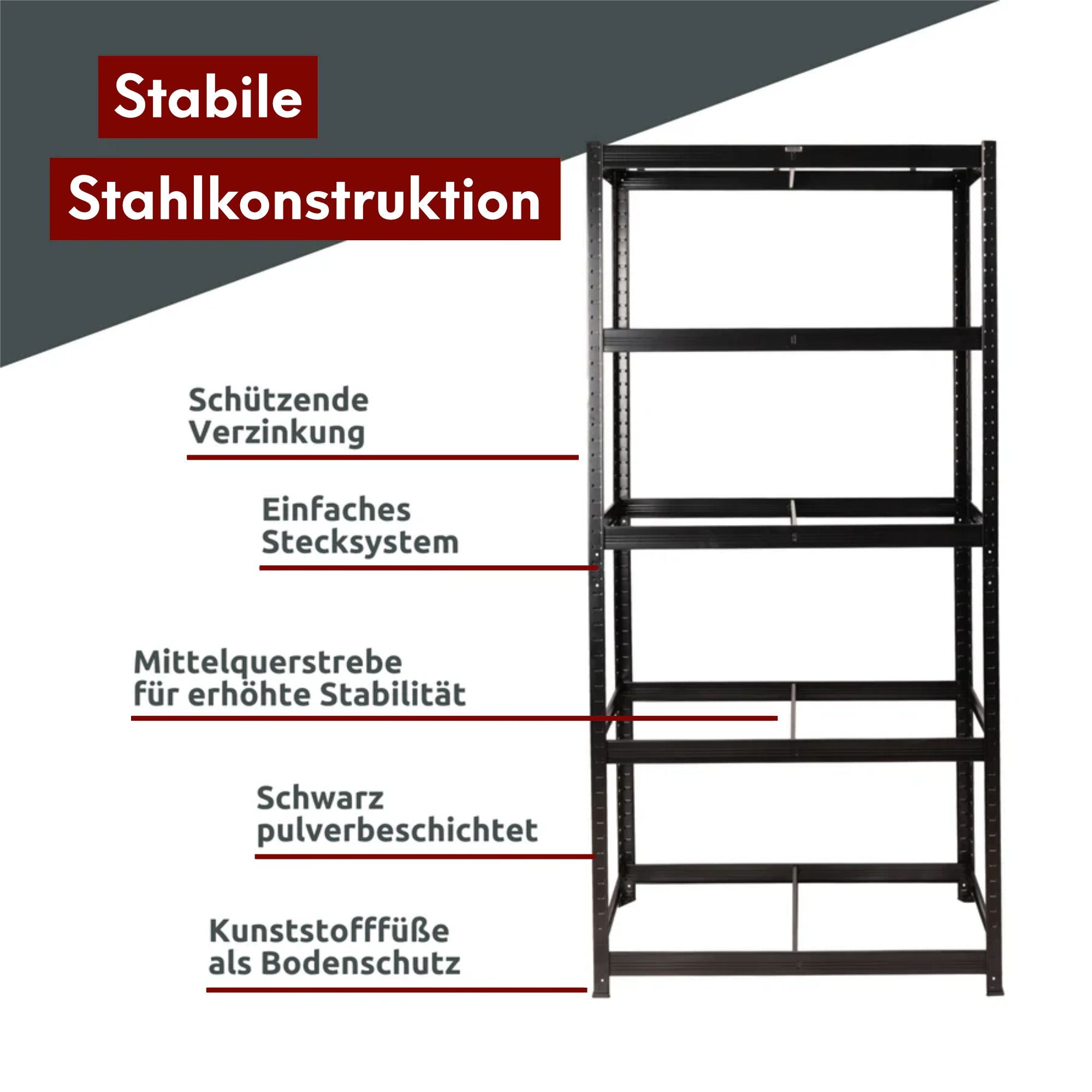 Schwerlastregal 90x40x180cm I belastbar bis 875kg I 5 Ablagen + Haken