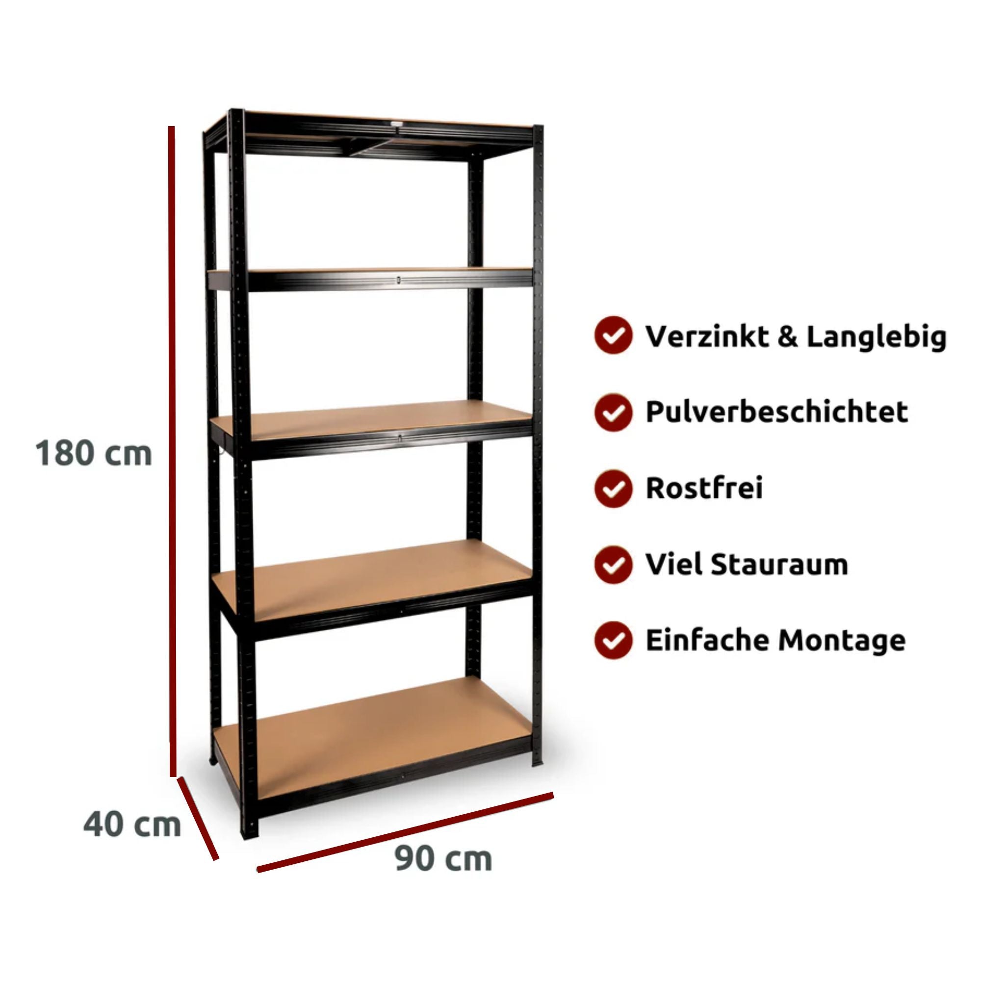 Schwerlastregal 90x40x180cm I belastbar bis 875kg I 5 Ablagen + Haken