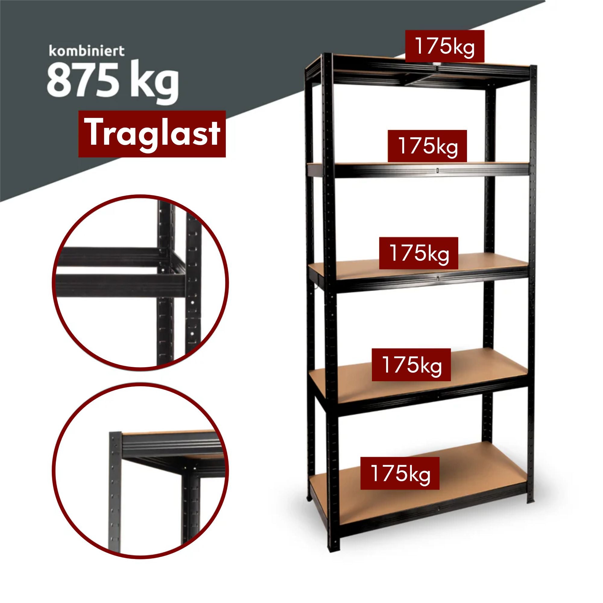 Schwerlastregal 90x40x180cm I belastbar bis 875kg I 5 Ablagen + Haken
