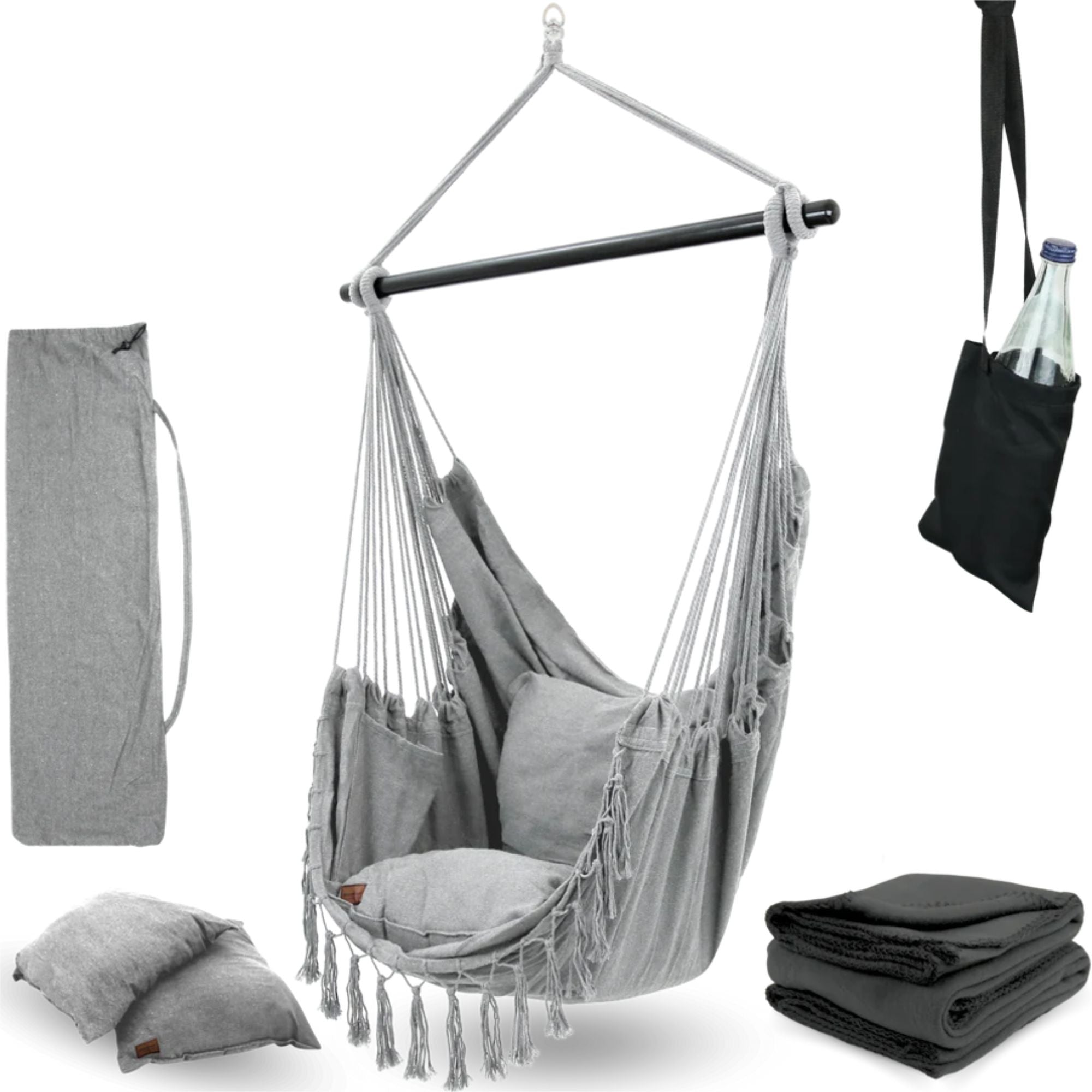 Hängesessel mit 2 Kissen, Bücherfach und Kuscheldecke