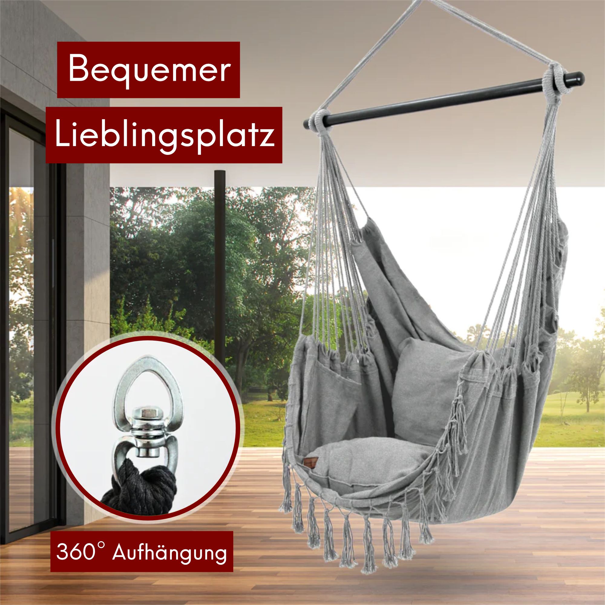 Hängesessel mit 2 Kissen, Bücherfach und Kuscheldecke