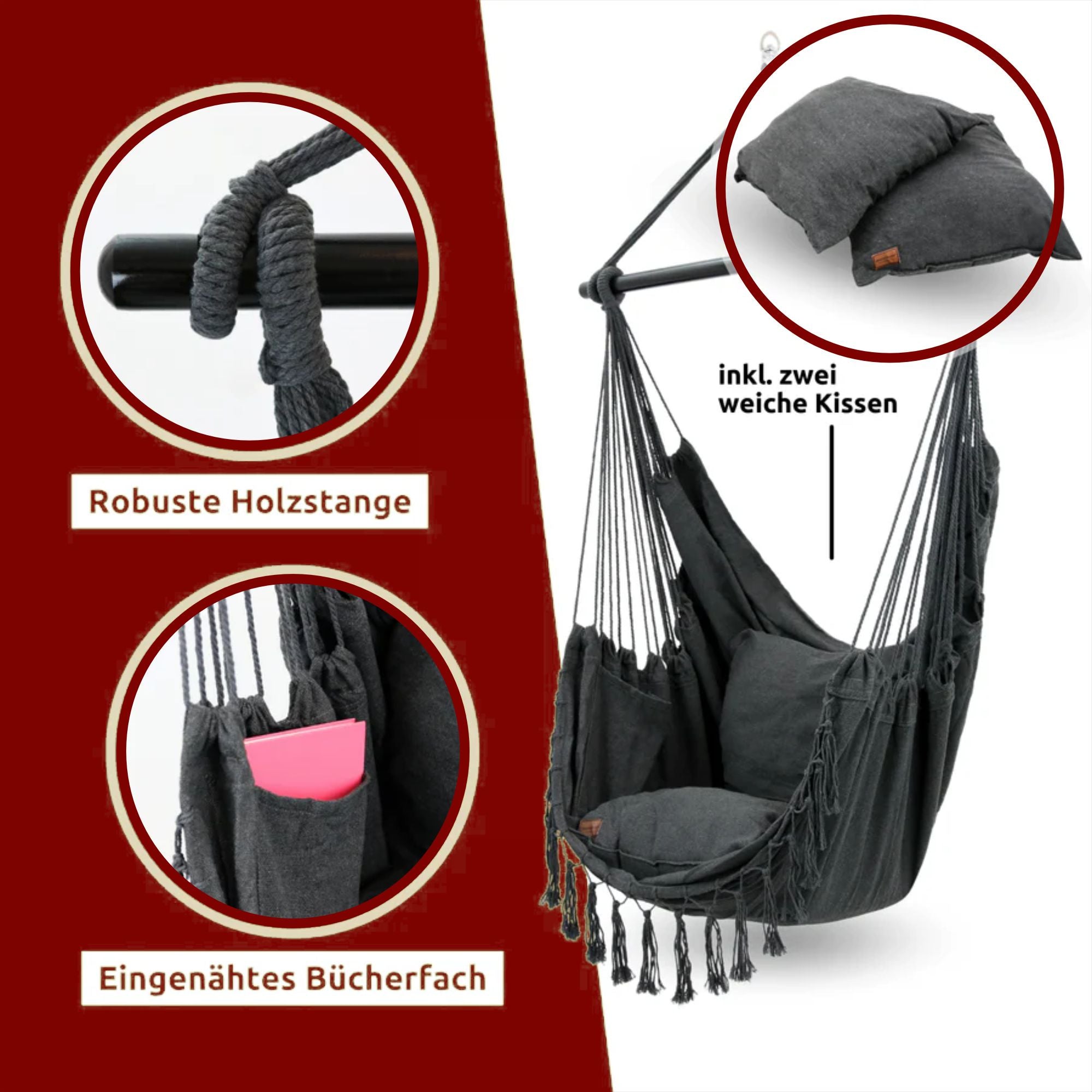 Hängesessel mit 2 Kissen, Bücherfach und Kuscheldecke