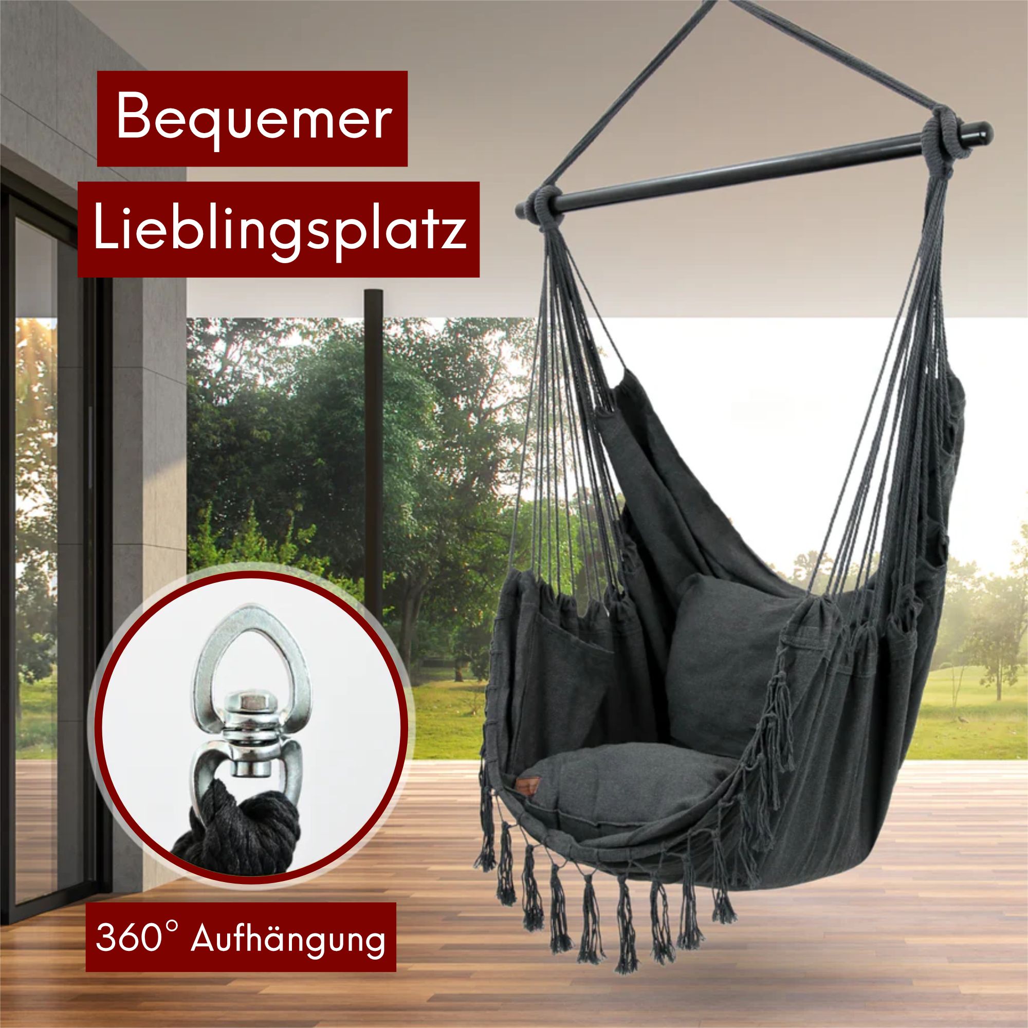 Hängesessel mit 2 Kissen, Bücherfach und Kuscheldecke