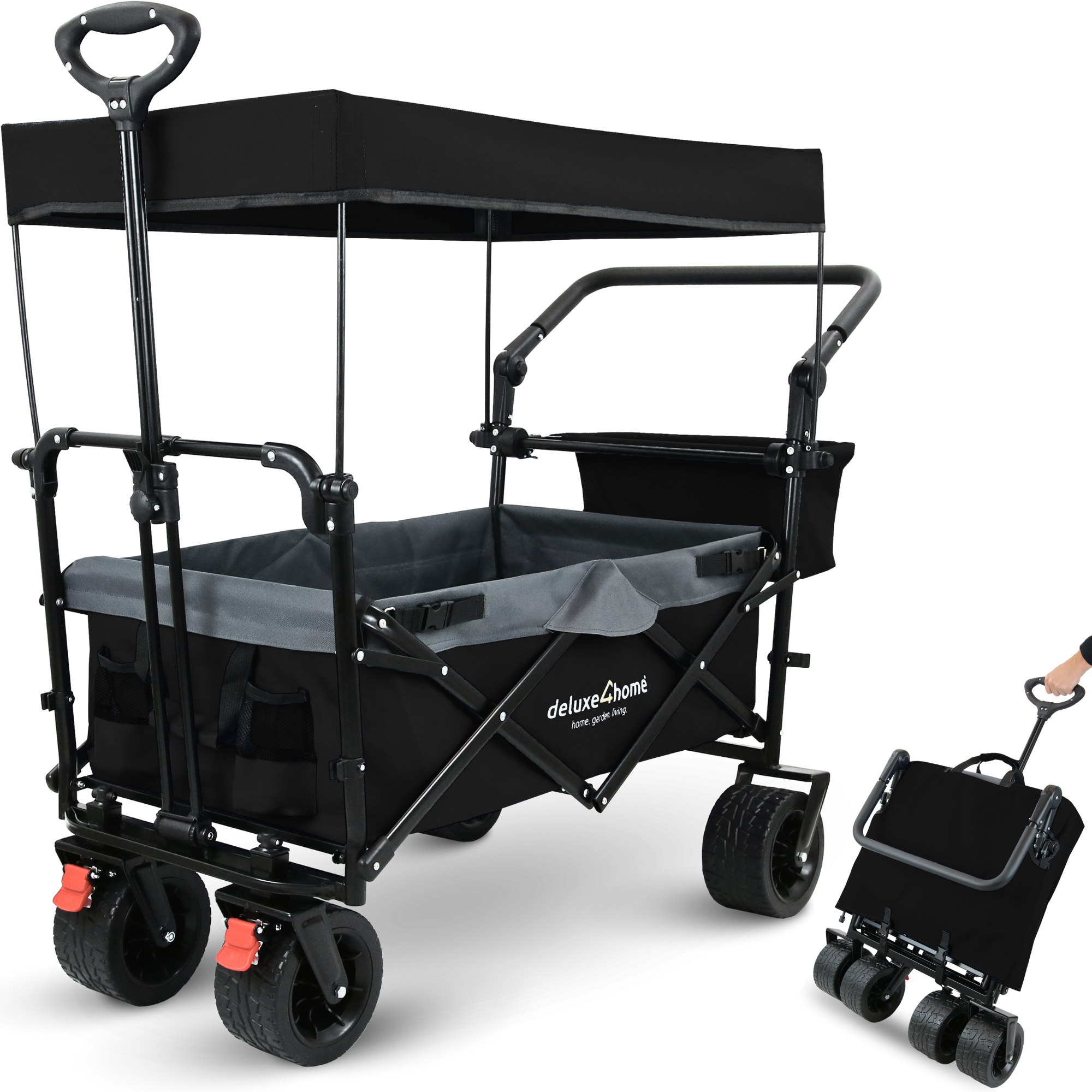 Bollerwagen faltbar mit Breiten Reifen und DachSchwarz/Grau