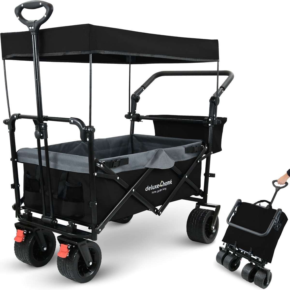 Bollerwagen faltbar mit Breiten Reifen und DachSchwarz/Grau