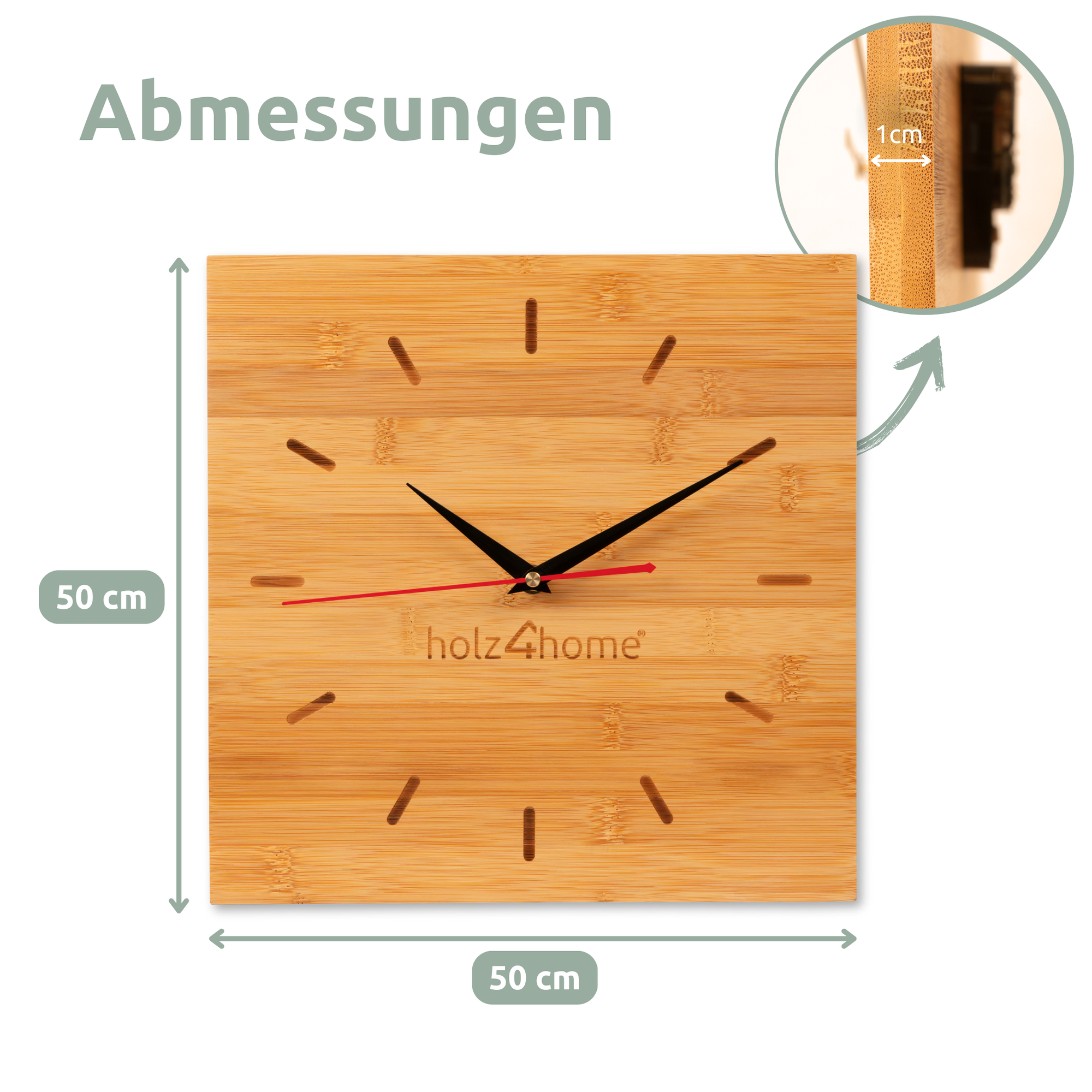 Wanduhr aus Bambus Quadratisch50 cm
