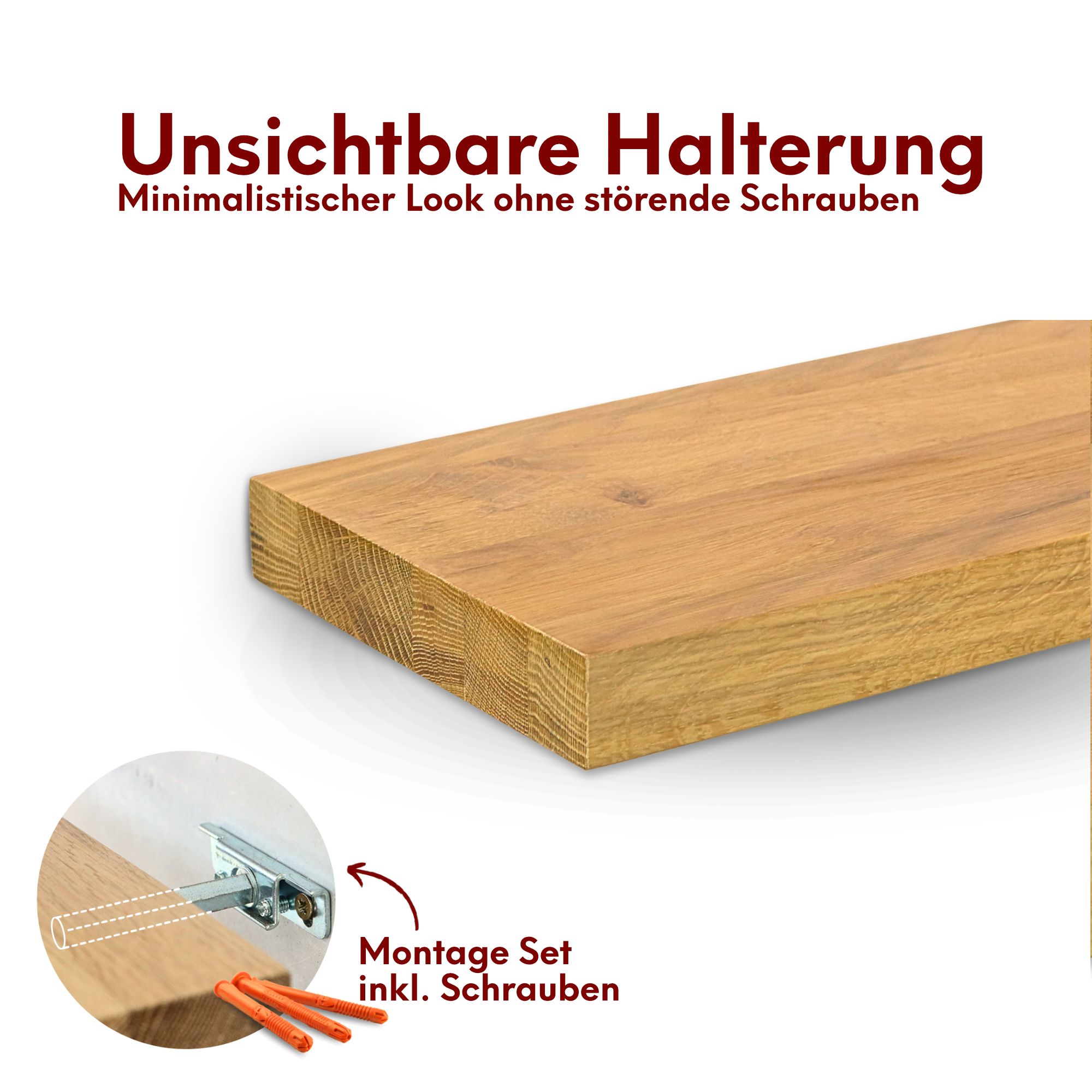 Schwebendes Wandregal aus massiver Eiche – Natur geöltes Massivholz Regal für stilvolle Wanddekoration