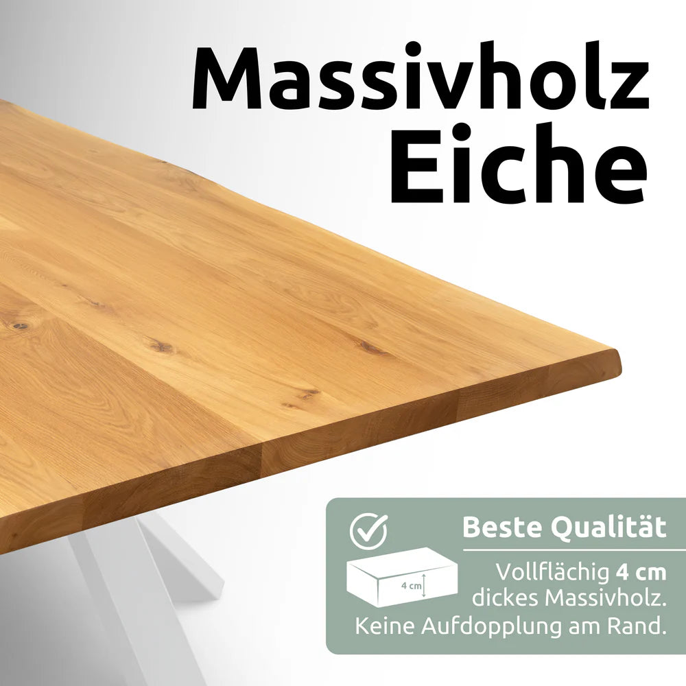 massiv_bk kalb | Massivholztisch aus Eiche mit natürlicher Baumkante – 4 cm stark, in 140x80 cm oder 160x80 cm, mit 4 Tischgestellen zur Auswahl