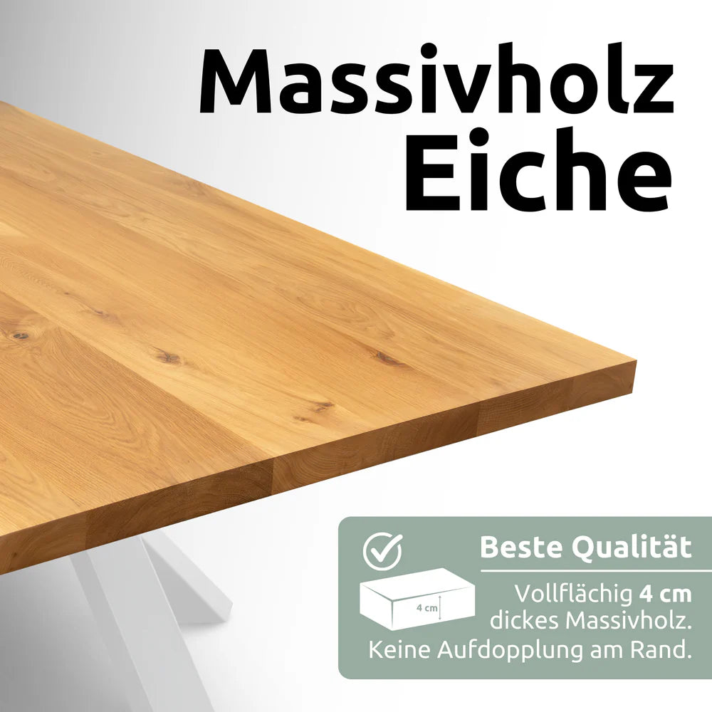 massiv_ohne_bk kalb | Massivholztisch aus Eiche 4 cm stark, gerade Kante – 140x80 cm oder 160x80 cm, Tischgestell wählbar (Trapez, Dreieck, Doppel-Dreieck, X-Struktur)
