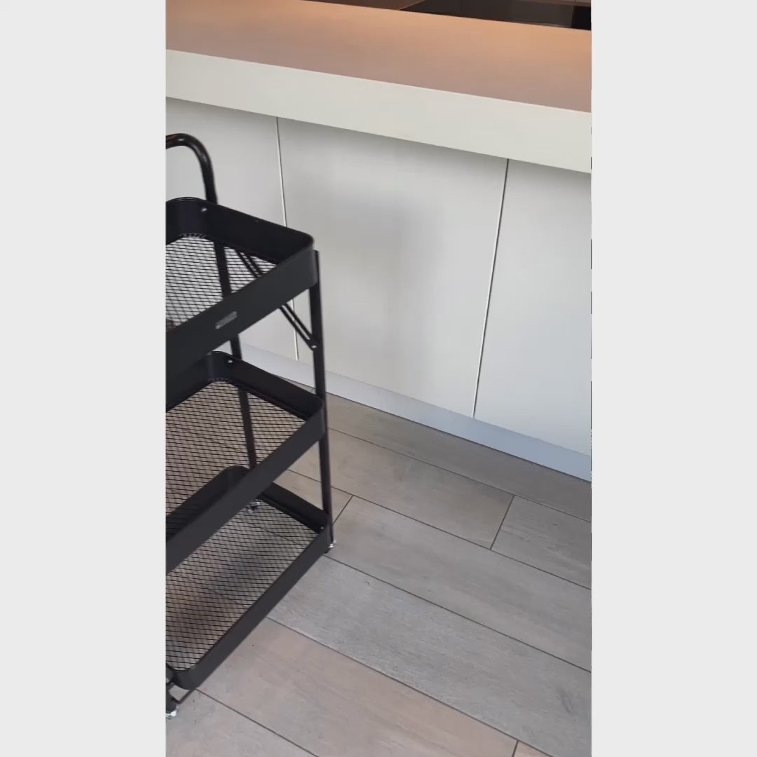 Klappbarer Rollwagen Metall Schwarz – 3-stufiges Faltregal mit Rollen Feststellbremsen