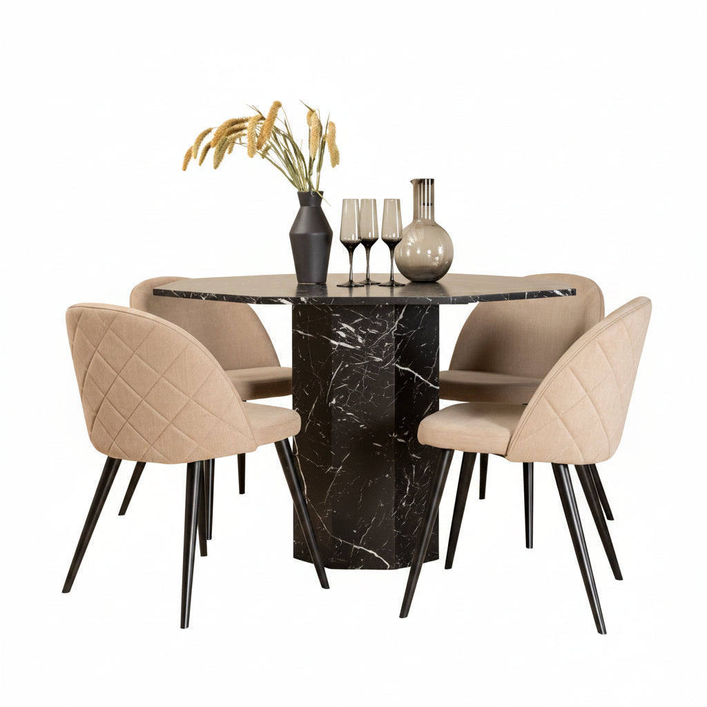 s_gr22357__10_9907b1d6-eecd-43a8-b20f-65a918f4f7fa Marbs rundes 5 teilig Essgruppen Set mit schwarzem Tisch Ø 110 cm in Marmoroptik und 4 beigen Esszimmerstühlen