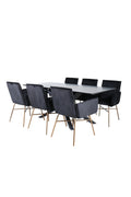 s_gr22527__1 Piazza rechteckiges 7 teiliges Essgruppen Set mit schwarzem Tisch 180 x 90 x 76cm und 6 schwarzen Samtstühlen mit goldfarbenen Beinen Default Title